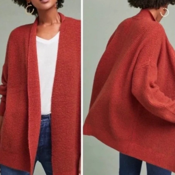 Anthropologie Sleeping On Snow Julienne Alpaca Wool Cardigan Rust Waffle-Knit - Picture 1 of 7